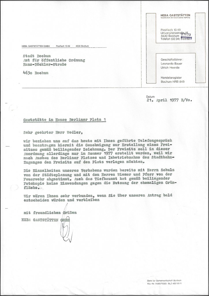 Antrag der HEBA Gaststätten GmbH von 1977 zur Genehmigung von Freisitzen // Quelle: HEBA Gaststätten GmbH