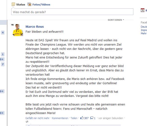 Marco Reus Facebook-Eintrag vor Real-Spiel