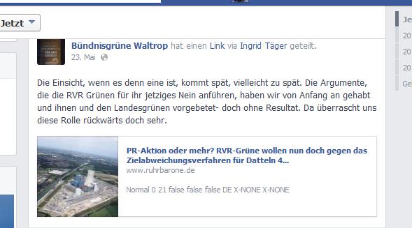 Facebook-Screenshot der Reaktion der Waltroper Grünen auf den Artikel der Ruhrbarone.