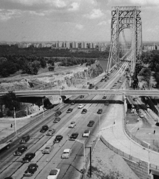 14 Auto-Fahrspuren: Die George-Washington-Bidge zwischen Manhattan und New Jersey in den 50er Jahren (Ausschnitt Ansichtskarte, Sammlung Kalwitzki)