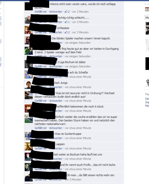 Ausschnitt aus den Fanreaktionen der VfL-Fans bei Facebook nach der Niederlage in Paderborn.