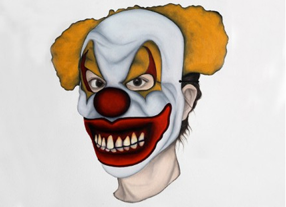 Der Böse Clown, Marion Auburtin, Marionette (clown maléfique), Öl auf Papier, 31 x 41 cm, 2013