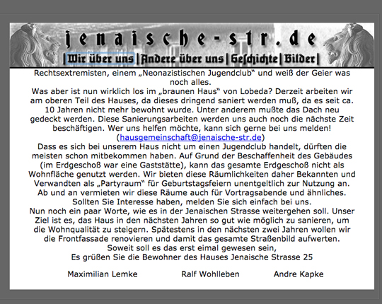 Website des braunen Haus in Jena, Screenshot Ulrike Märkel
