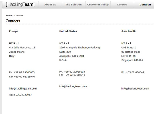 Das Hacking Team wohnt auch in den USA, Screenshot www.hackingteam.it