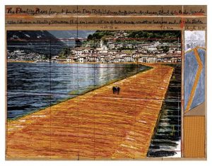 The Floating Piers (Project for Lake Iseo, Italy) Collage 2014, 43.2 x 55.9 cm (17 x 22") Pencil, wax crayon, enamel paint, photograph by Wolfgang Volz, map, fabric sample and tape on brown board © Christo / Photo: André Grossman