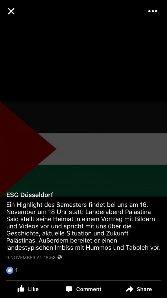 Screenshot des Ankündigungsfotos der Veranstaltung auf der ESG-Düsseldorf Facebookseite.