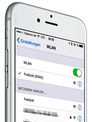 iPhone mit Freifunk-WLAN (Bild erstellt mit: mockuphone.com, Lizenz: CC-BY)