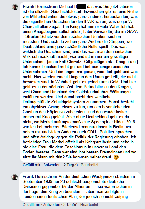 Frank Bornschein über den wahren Grund für den Zweiten Weltkrieg. Quelle: Facebook