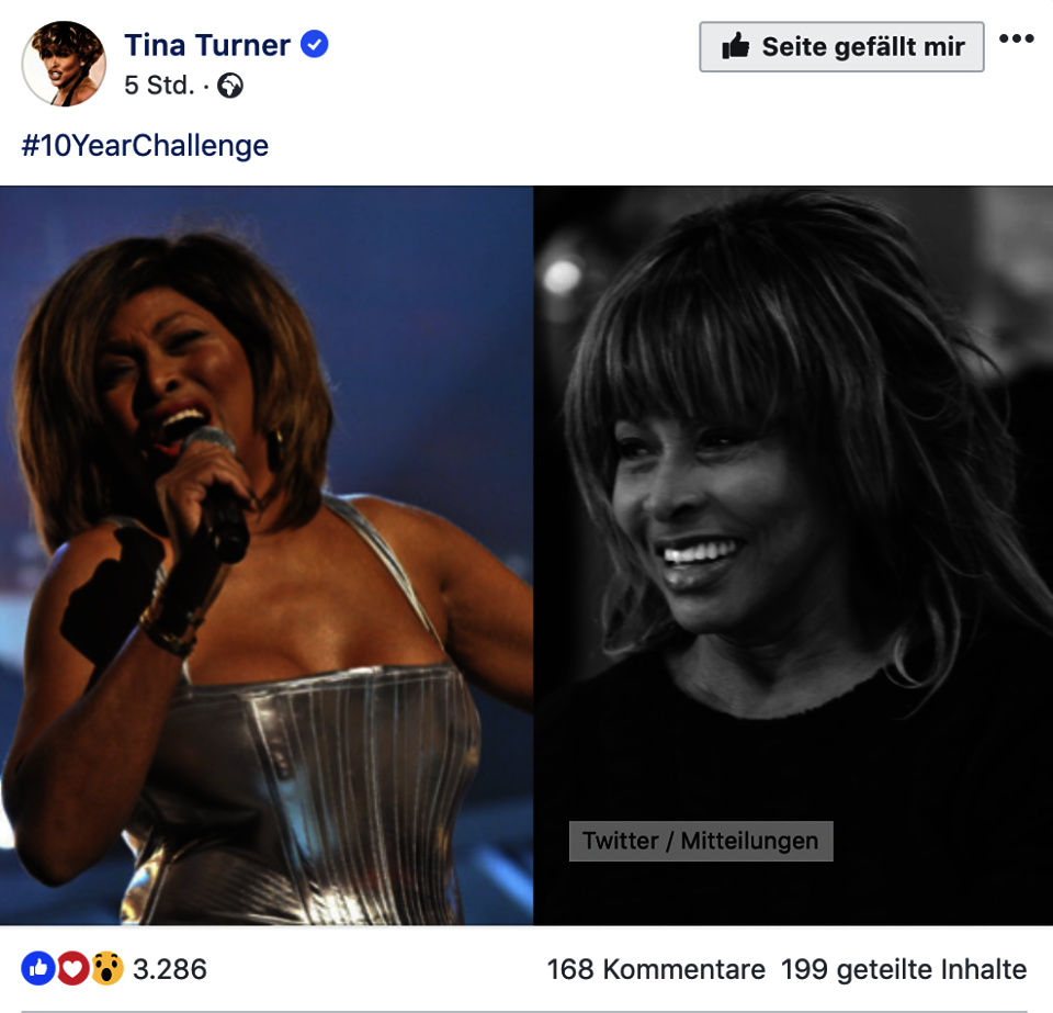 Auch die Musikerin Tina Turner machte bei der 10-Year-Challenge mit. Foto: Screenshot.