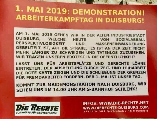 Flugblatt der Nazikleinstpartei "Die Rechte" zum 1. Mai in Duisburg...