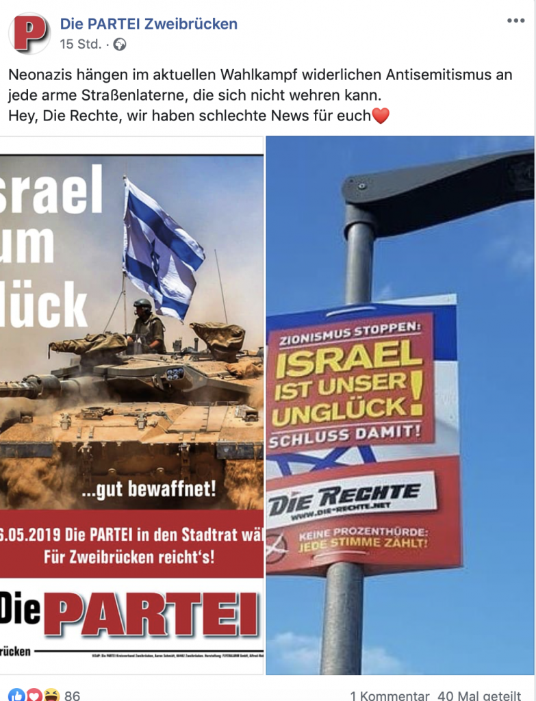 Rechts: Antisemitisches Plakat (DIE RECHTE); Links: Die adäquate Antwort der PARTEI!