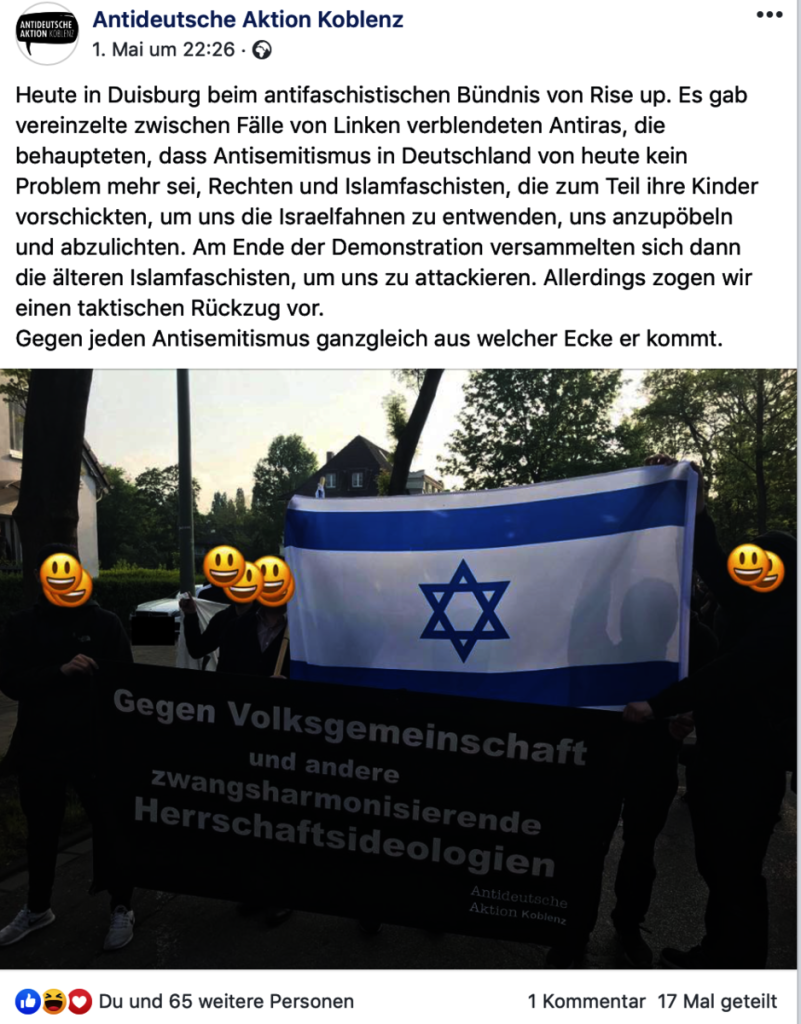 Antideutsche Aktion Koblenz: Screenshot vom Posting zum Flaggengate auf der Facebook-Seite.