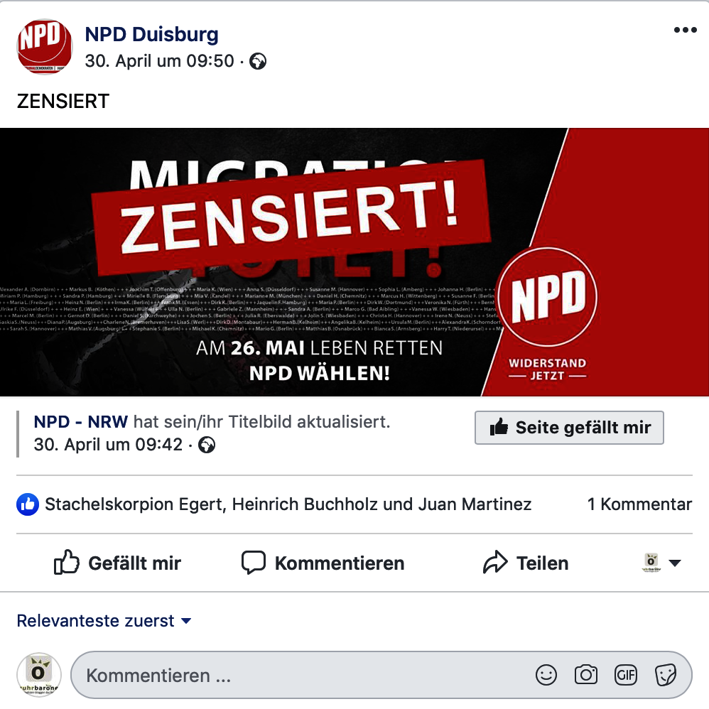 Problematik bekannt: Facebookbeitrag der NPD Duisburg vom 30.04.2019; Screenshot