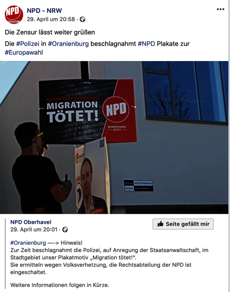 Am 29. April 2019 veröffentlichte die NPD-NRW einen Beitrag zur Plakatproblematik; Screenshot