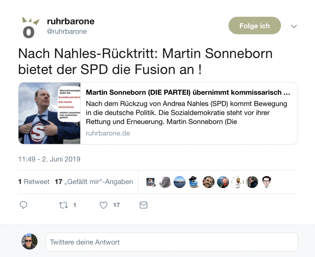 Nach Nahles-Rücktritt: Martin Sonneborn (DIE PARTEI) rettet die SPD; Foto: Screenshot Twitter