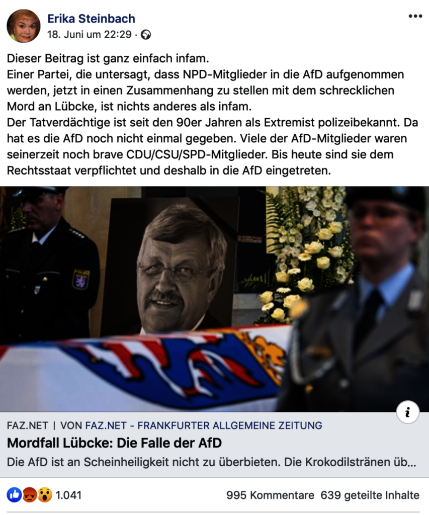 Einmal Opferrolle bitte! Erika Steinbach am 18. Juni 2019 auf Facebook; Screenshot