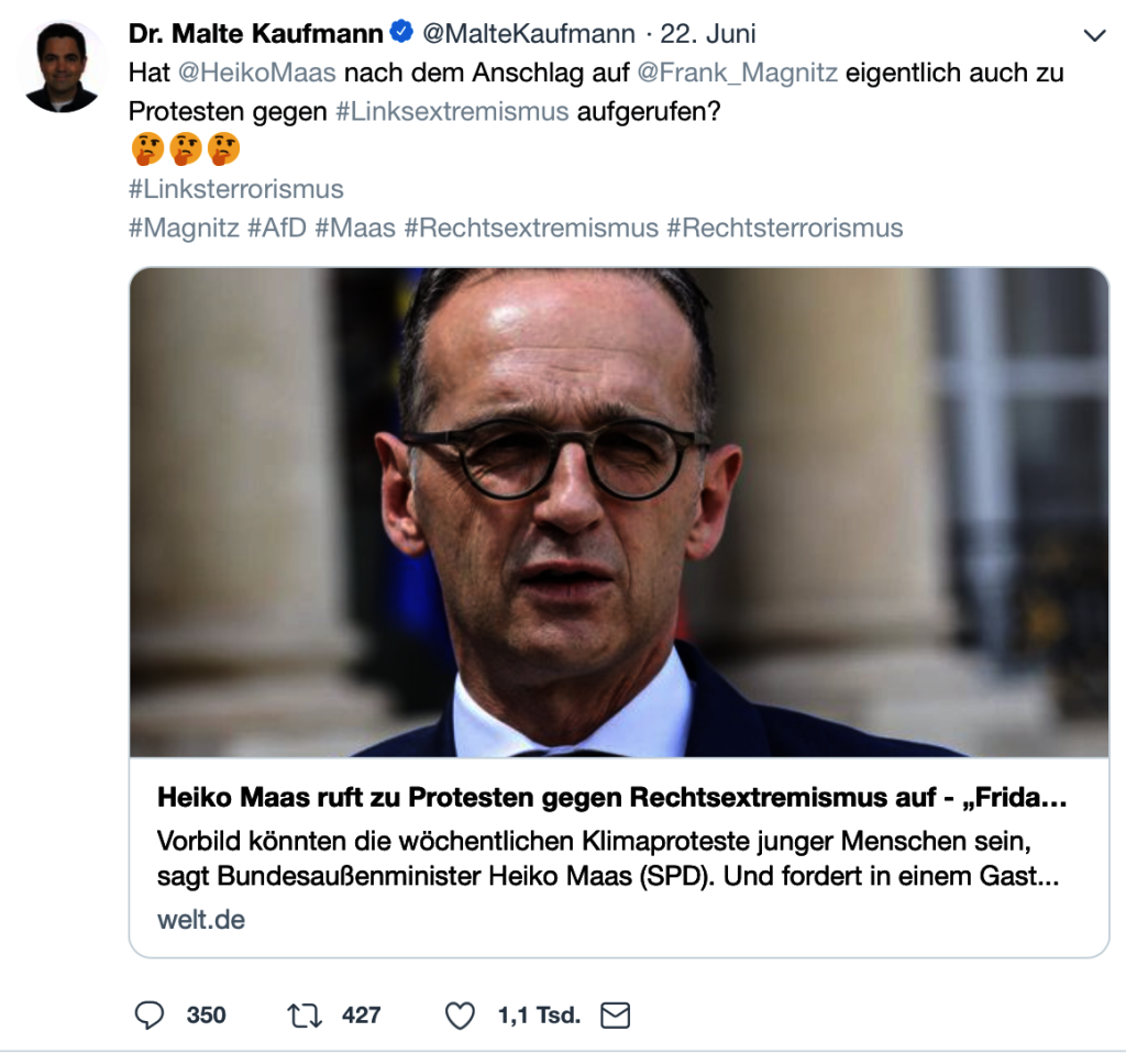 Relativierung eines eiskalten Mordes: Dr. Malte Kaufmann (AfD) auf Twitter; Screenshot