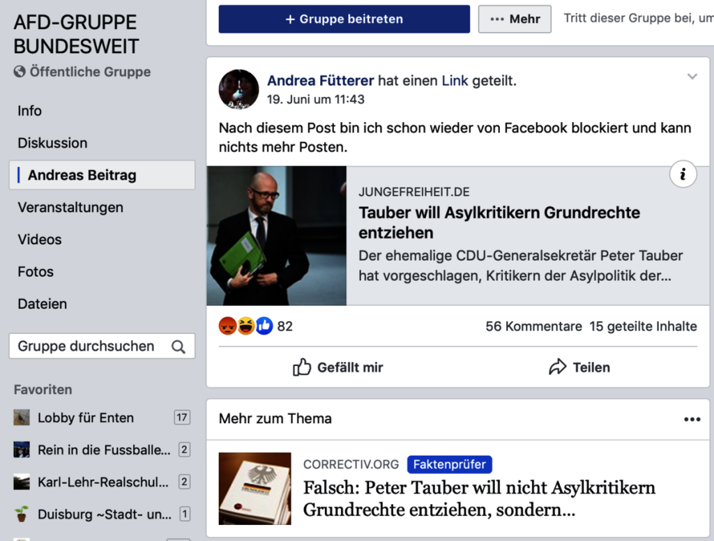 Fröhliches Gehetze mit ganz viel Fakenews: Die FB-Gruppe "AFD-GRUPPE BUNDESWEIT"; Screenshot 