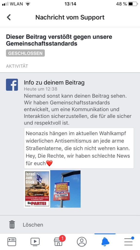 Reaktion auf Antisemitismus ist Verstoß gegen die Facebook-Gemeinschaftsstandards; Foto: Screenshot