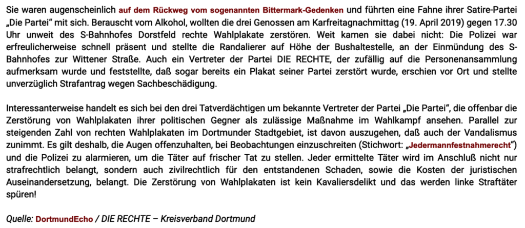 Viel Stress für die Herrenmenschen aus Dortmund-Dortfeld; Screenshot Blog "Die Rechte"