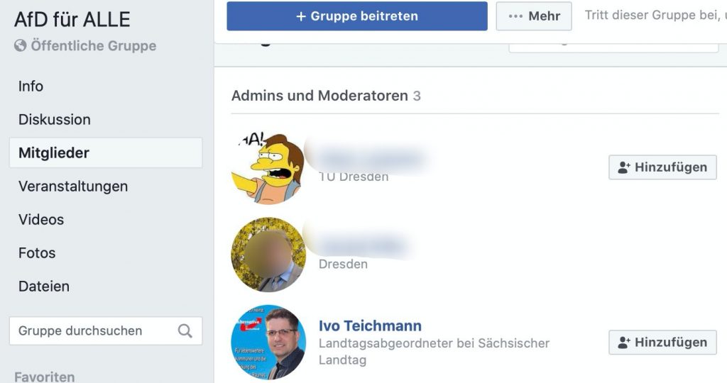 Die Administratoren von "AfD für ALLE" - Servicegrafik für den Verfassungsschutz; Screenshot Facebook