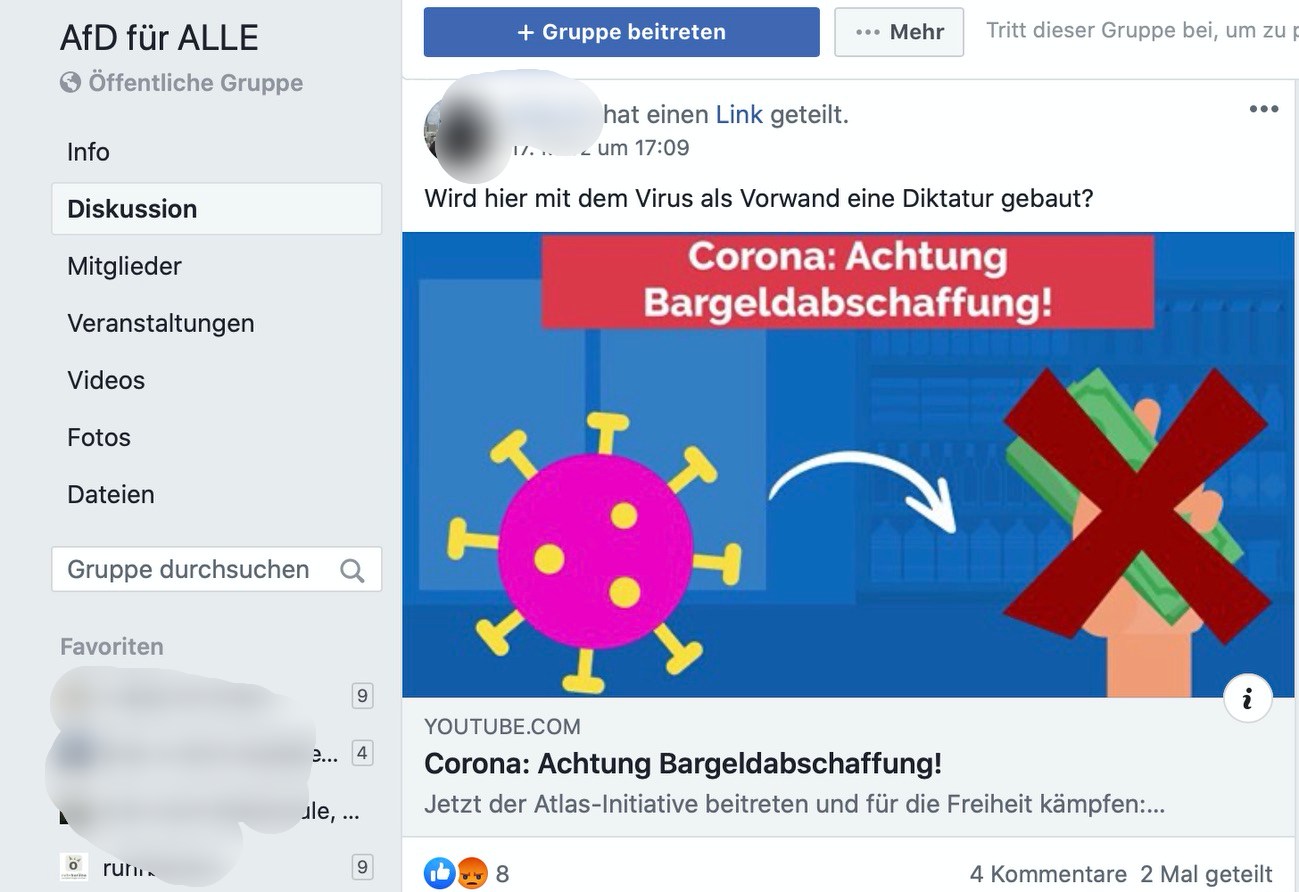 "Wird hier mit dem Virus der Vorwand für eine Diktatur gebaut?"; Screenshot: Facebook
