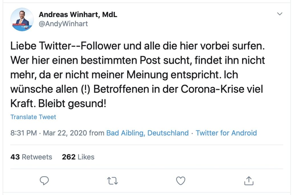 AfD-MdL Andreas Winhart rudert zurück; Screenshot Twitter