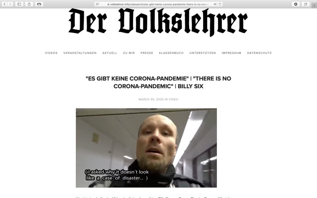 Billy Six: "Es gibt keine gefährliche Corona-Pandemie"; Screenshot "Volkslehrer.info"