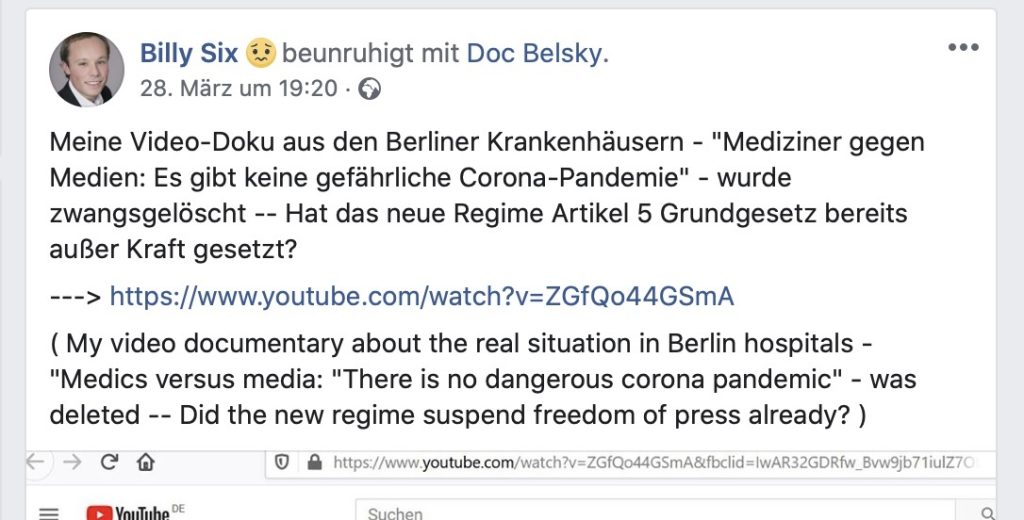 "Es gibt keine gefährliche Corona-Pandemie"; Screenshot Facebook