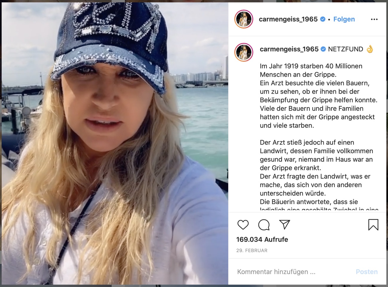 Influencerin Carmen Geiss setzt auf Zwiebeln! Screenshot Instagram