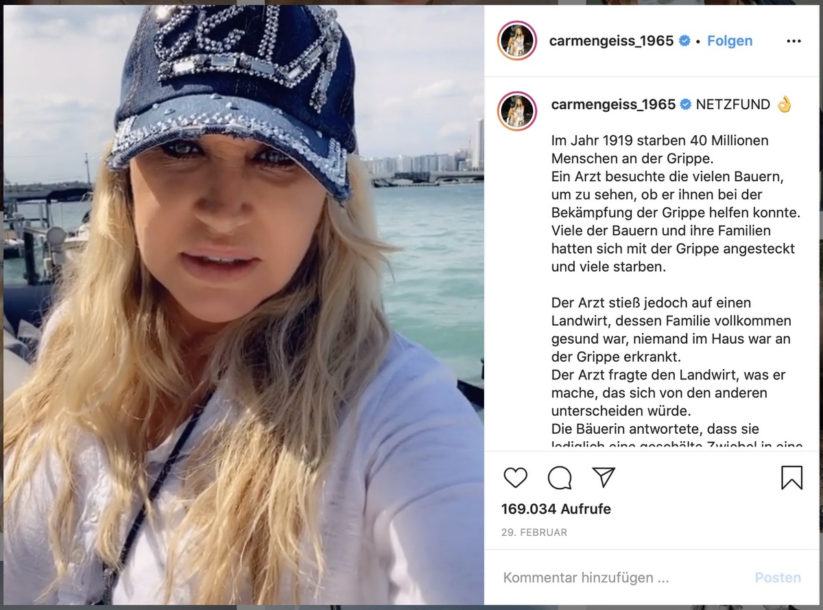 Influencerin Carmen Geiss setzt auf Zwiebeln! Screenshot Instagram