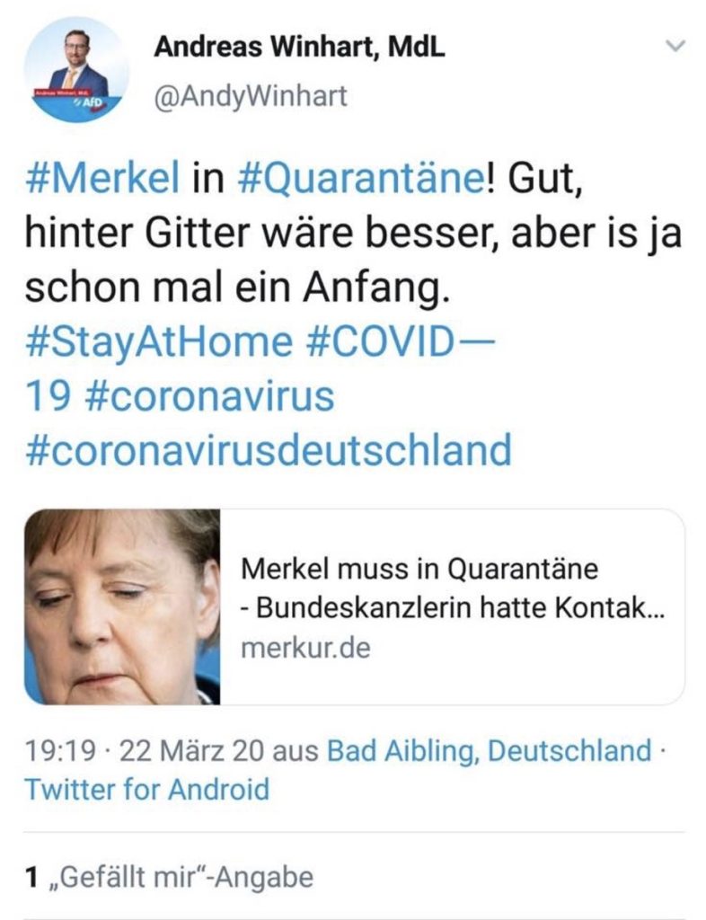 Andreas Winhart (AfD) zeigt sich schadenfroh! Screenshot Twitter