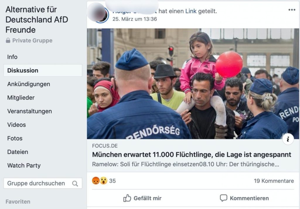 "München erwartet 11.000 Flüchtling, die Lage ist angespannt" - Uralt-News aus dem Jahre 2015 in der Gruppe "AfD für ALLE"; Screenshot Facebook