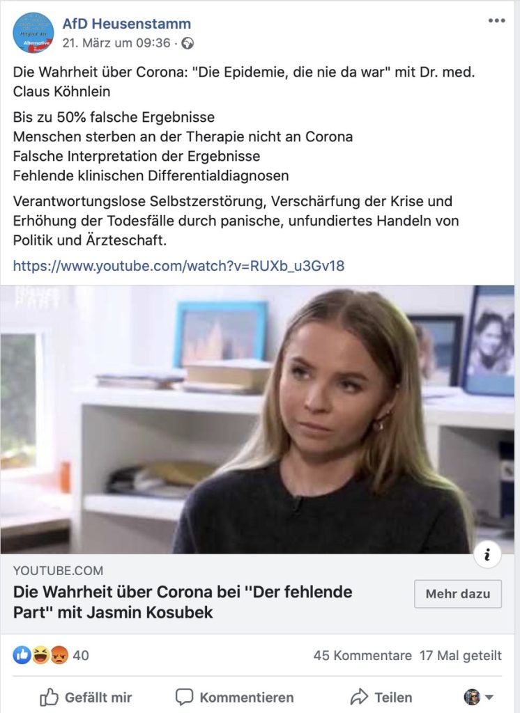 Auf vielen AfD-Seiten zu finden: "Die Epidemie, die nie da war"; Screenshot Facebook