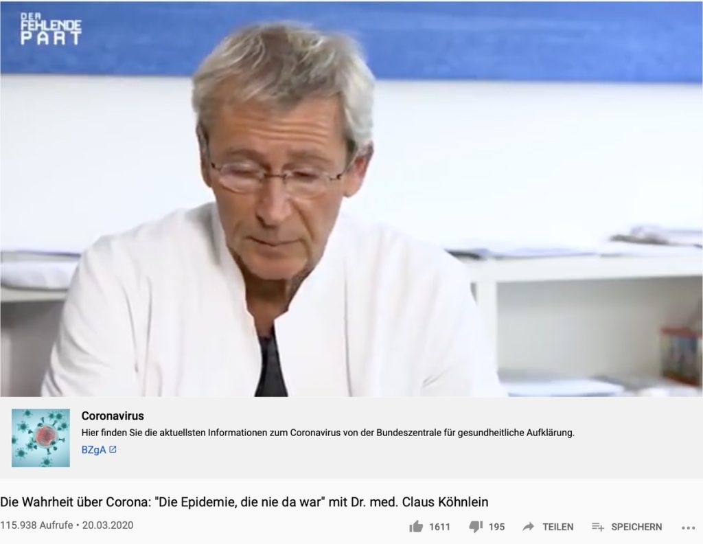 "Die Epidemie, die nie da war": Dr. med Claus Köhnlein auf YouTube; Screenshot YouTube