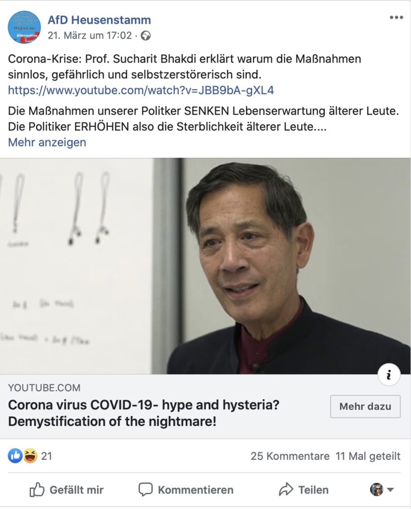 ZDF-Faktencheck: "Bhakdi stellt sich bewusst gegen den Konsens der wissenschaftlichen Institutionen, die in Deutschland wie weltweit gegen das Virus ankämpfen."; Screenshot Facebook