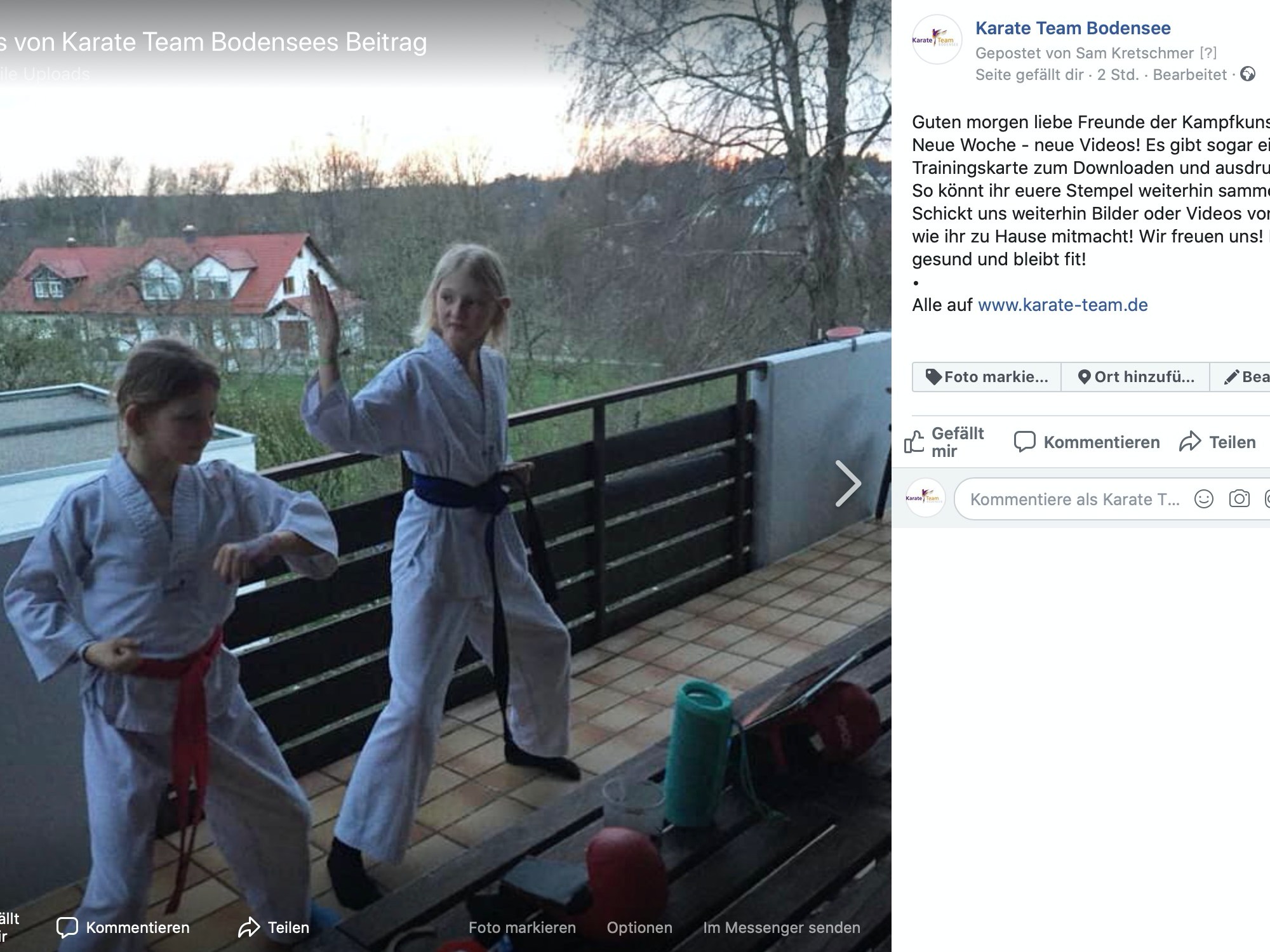 Feedback auf der Facebookseite vom Karate-Team Bodensee; Screenshot Facebook