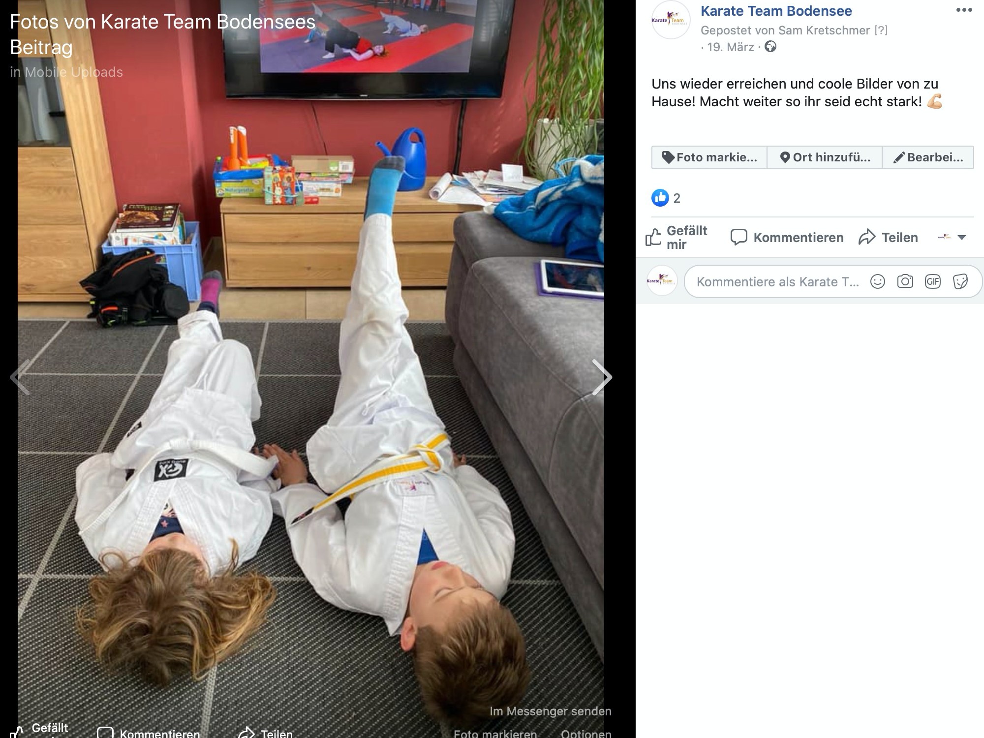 Feedback auf der Facebookseite vom Karate-Team Bodensee; Screenshot Facebook