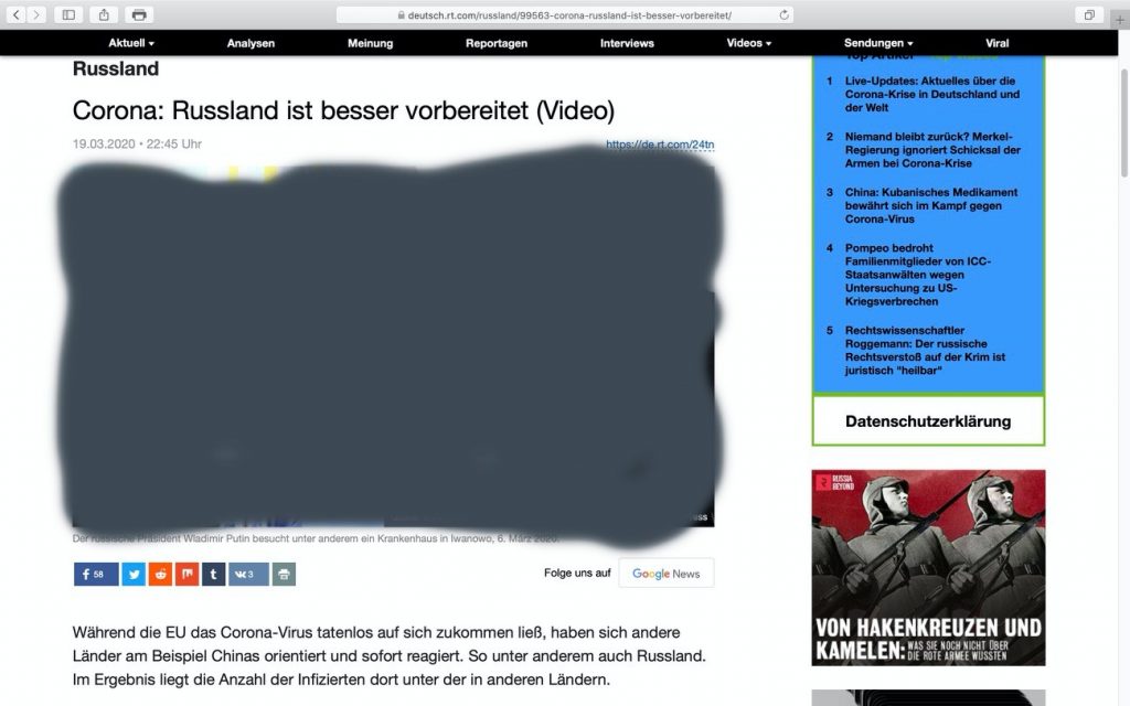"Russland ist besser vorbereitet"; Screenshot RT Deutsch