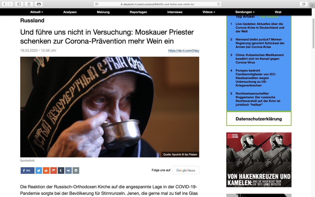 Prost! Wein ist kein Mittel gegen das Virus: Screenshot RT Deutsch