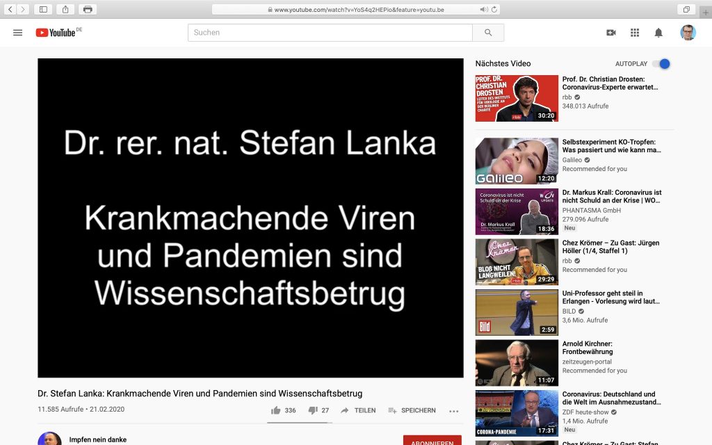 "Krankmachende Viren sind Wissenschaftsbetrug"; Screenshot YouTube