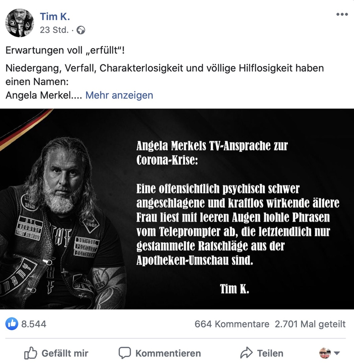 Tim K. - beliebt bei Rechtsradikalen und Verschwörungstheoretikern; Screenshot Facebook