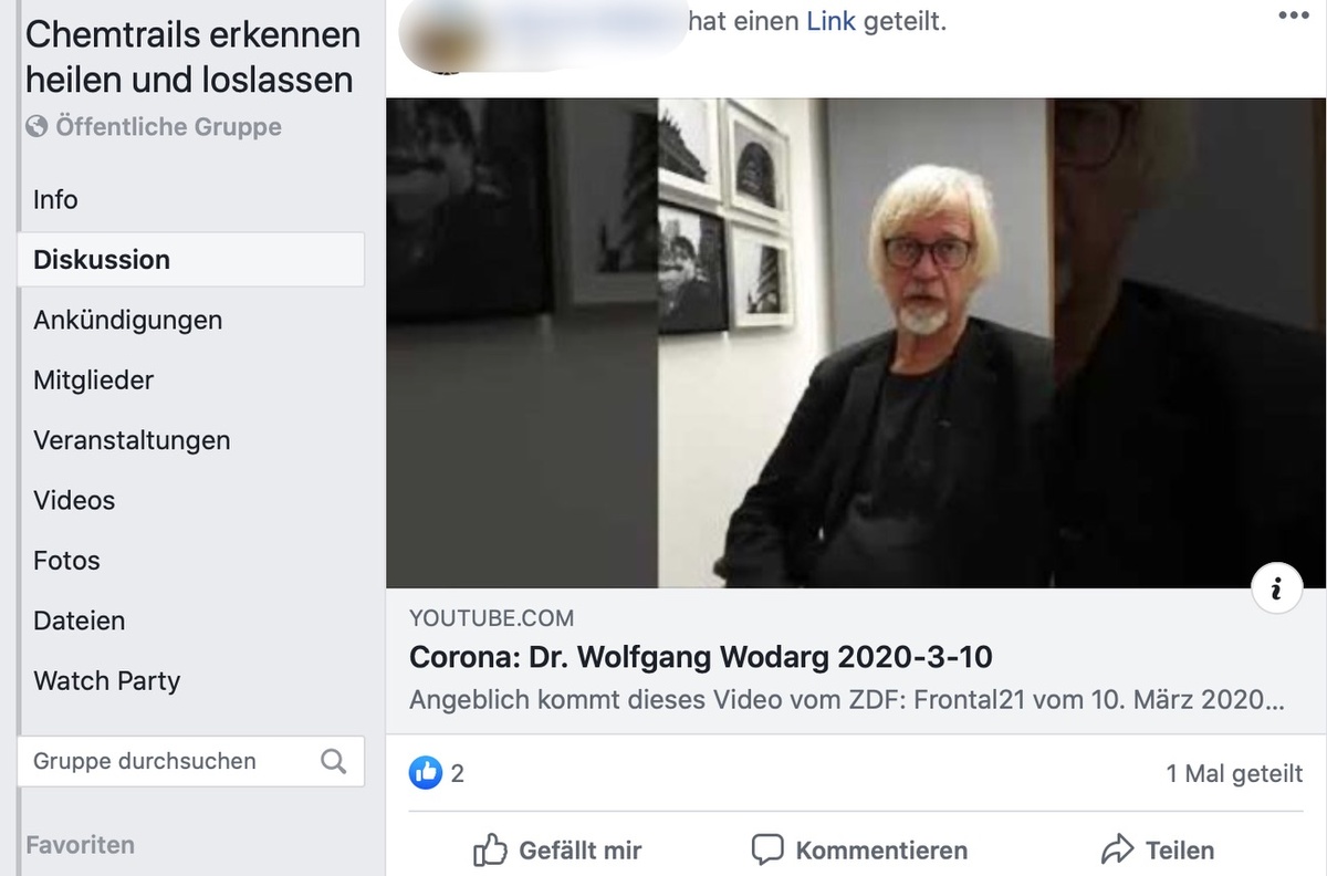 Format von zweifelhaftem Ruf: Auf der Facebook-Seite "Chemtrails erkennen, heilen und loslassen" sind die Ansichten von Dr. Wolfgang Wodarg beliebt; Screenshot Facebook 