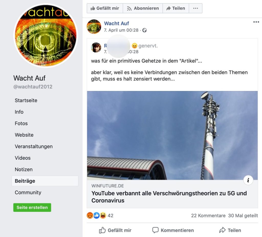 Regulierung von Bullshit ist natürlich ein rotes Tuch für Verschwörungstheoretiker; Screenshot Facebook