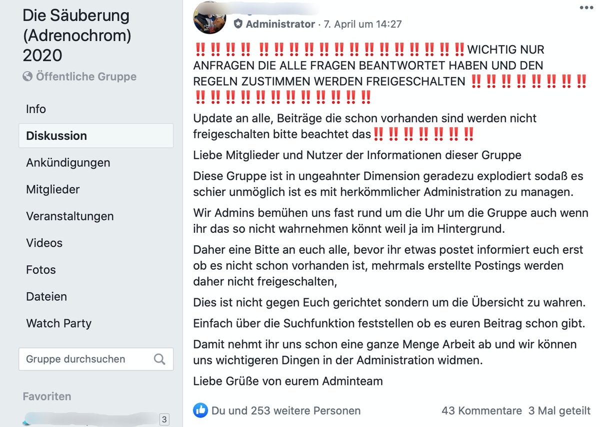 Viele Zulauf in der FB-Gruppe "Die Säuberung (Adrenochrom) 2020"; Screenshot Facebook