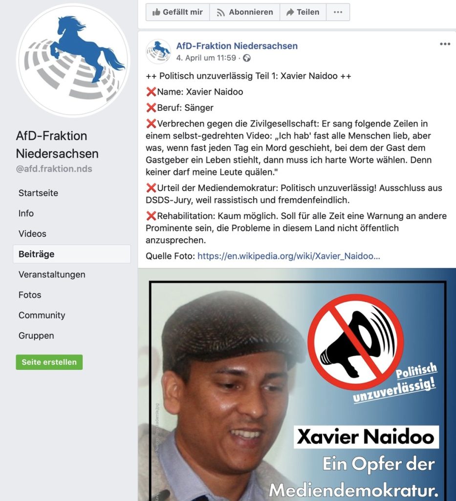 Xavier Naidoo - Ein Opfer der Mediendemokrotur; Screenshot Facebook