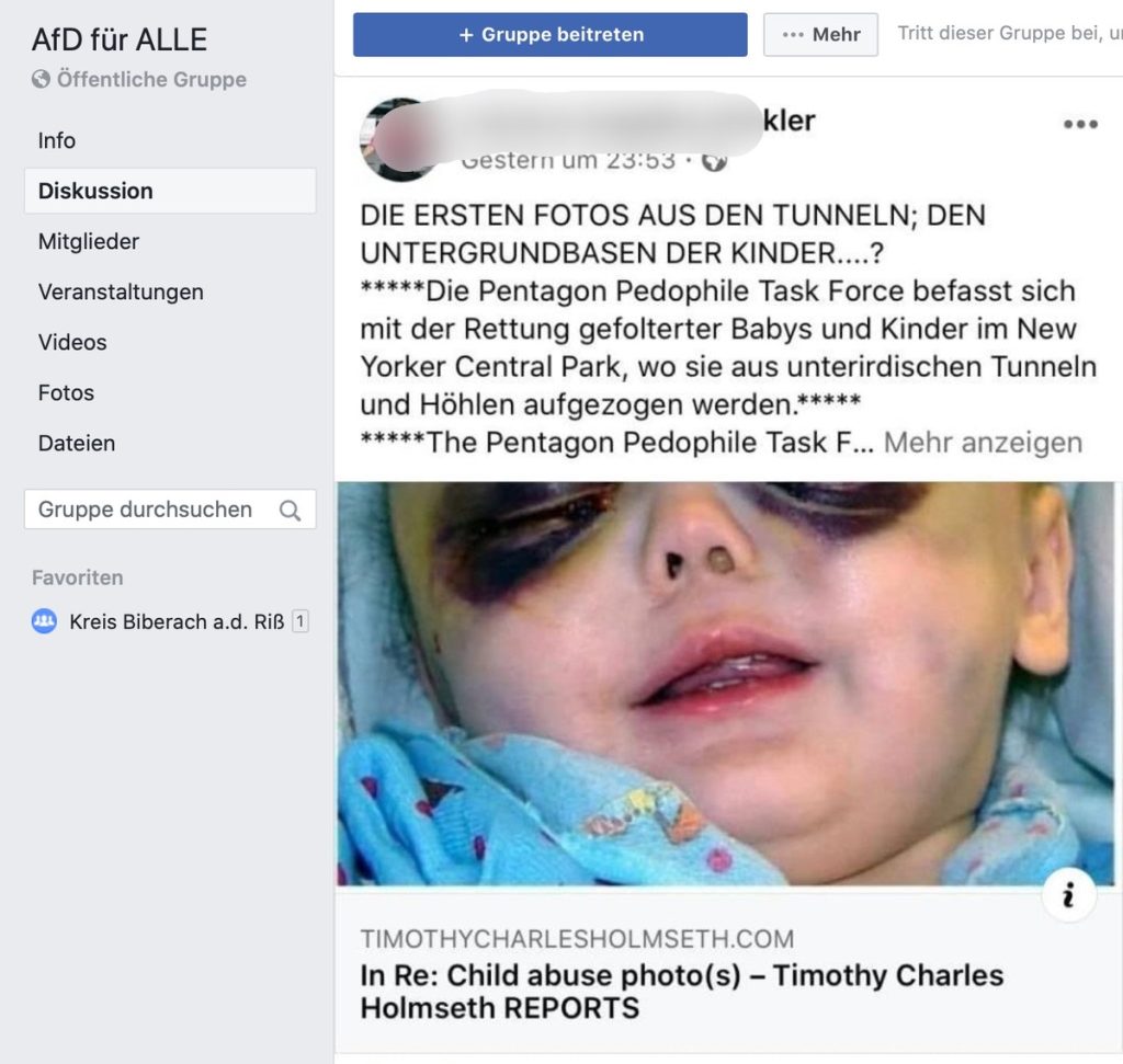 "Pizza Gate" recycled @ "AfD für ALLE"; Screenshot Facebook