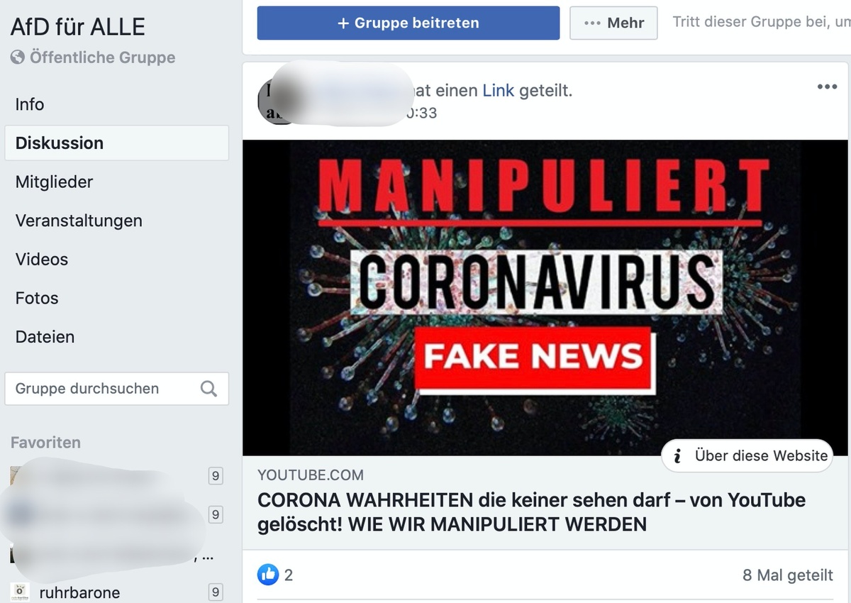 Fake News verlinkt in der AfD Gruppe "AfD für ALLE"; Screenshot Facebook