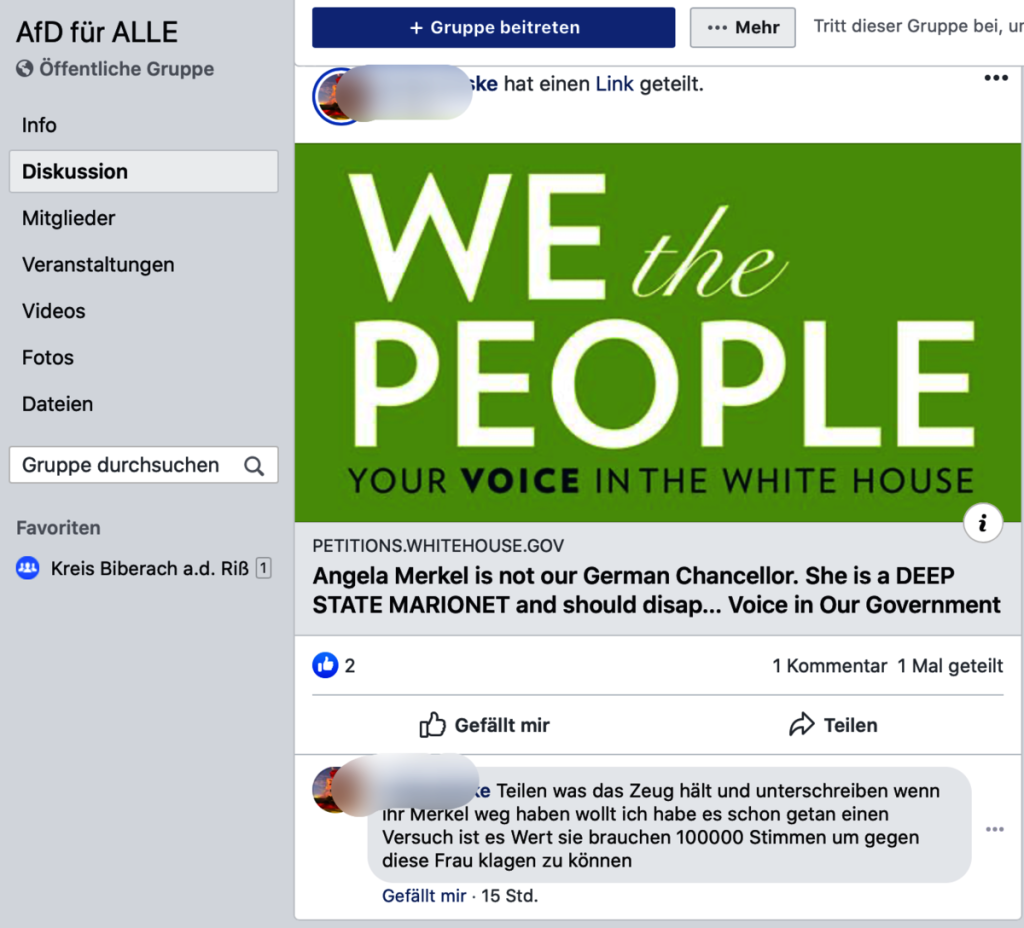 Petitionen an das Weiße Haus: Die AfD setzt auf Trump; Screenshot Facebook