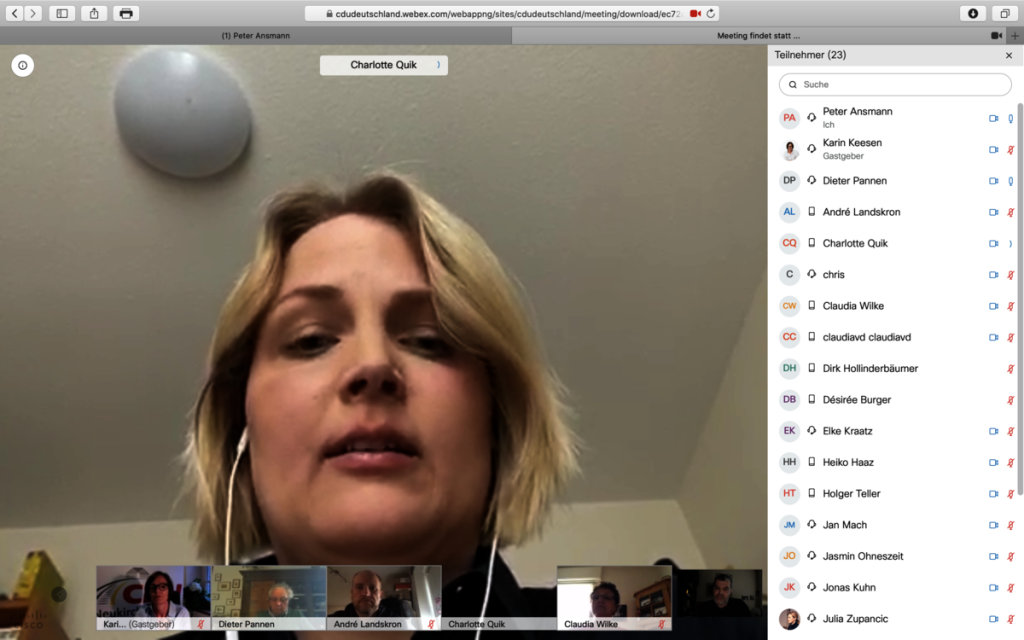 Charlotte Quik, Mitglied des Landtags von NRW; Screenshot cdudeutschland.webex.com